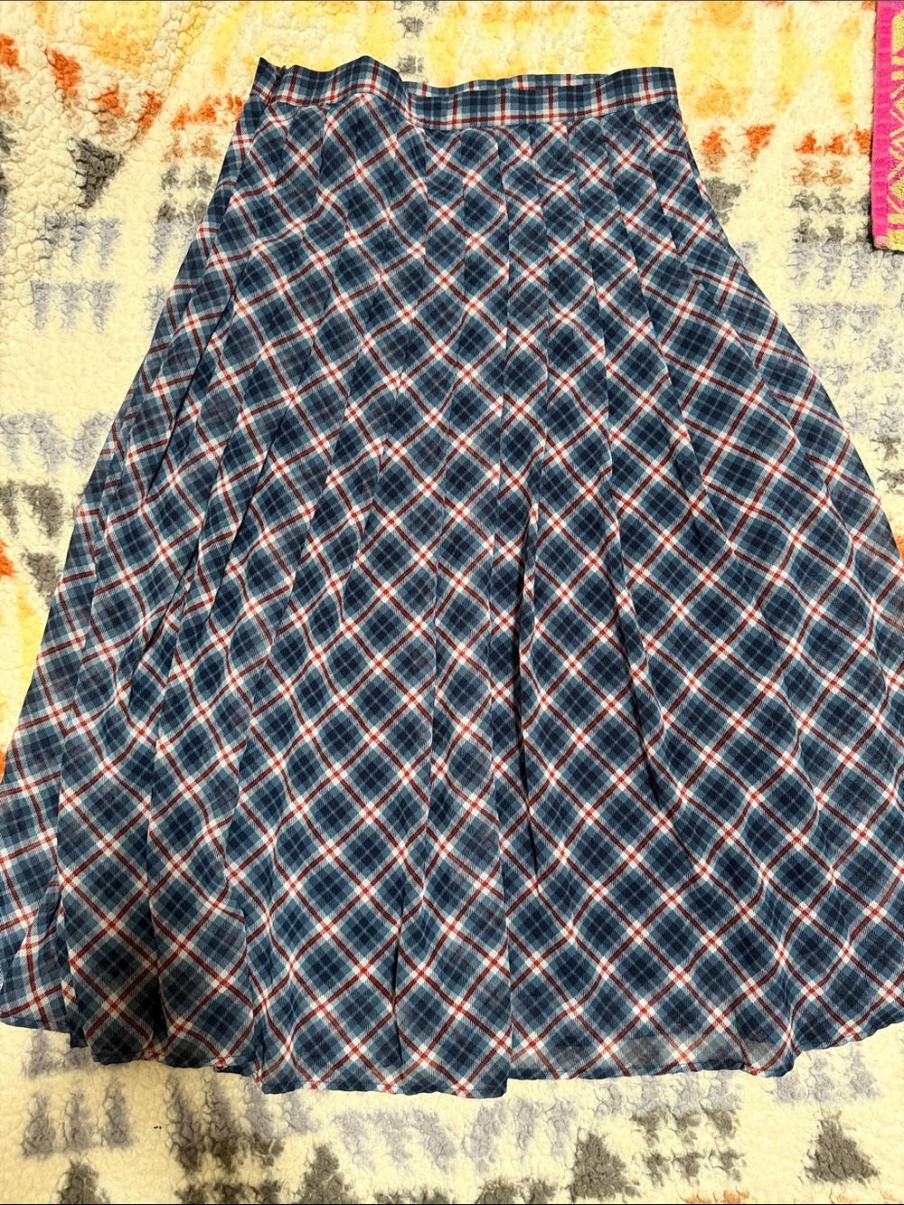 Michael Kors Blue Plaid Midi Skirt with Red Trim